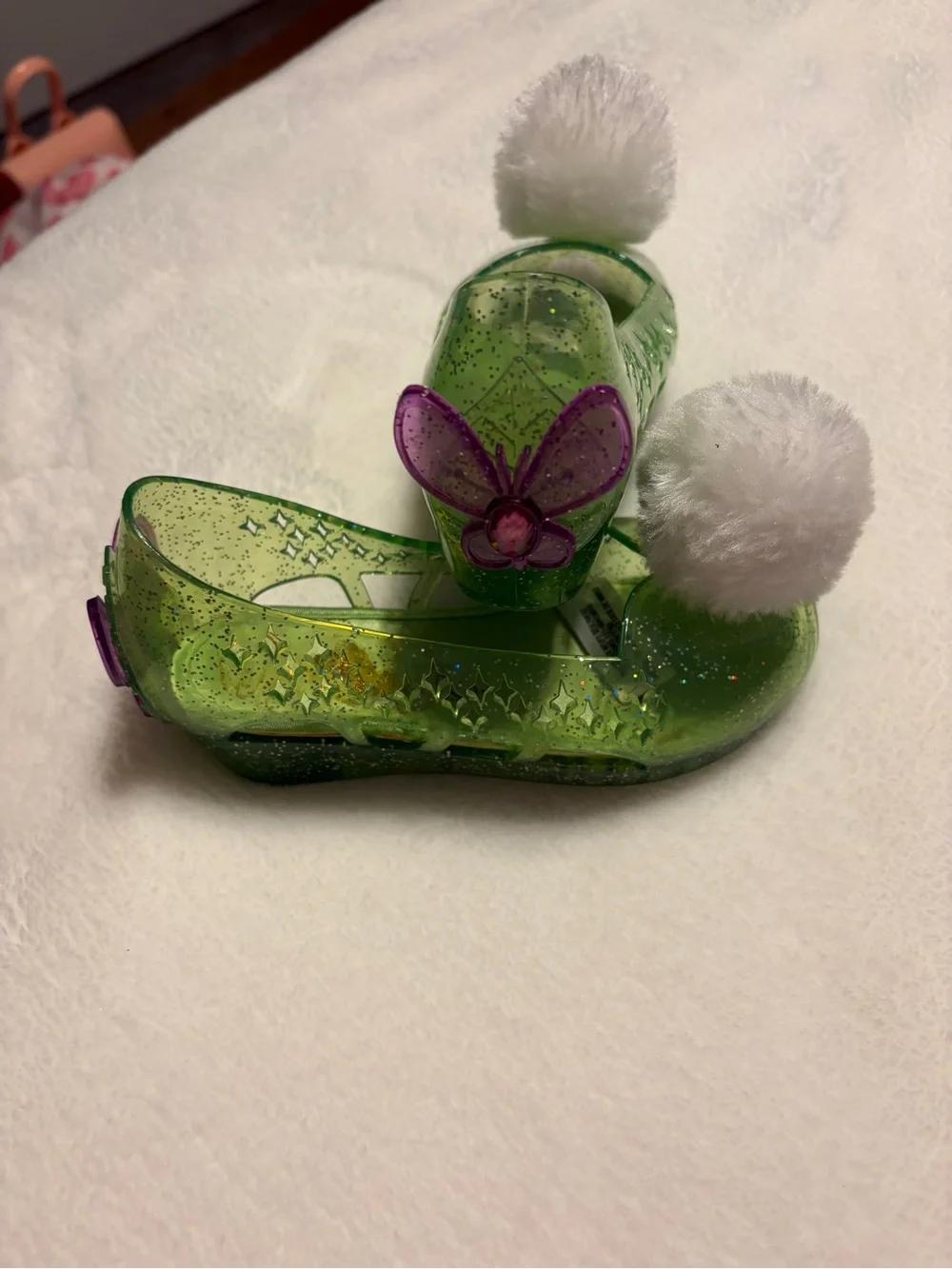 Girls' Disney Green Tinkerbell Sparkle Jelly dress up shoes  with White Pom Poms